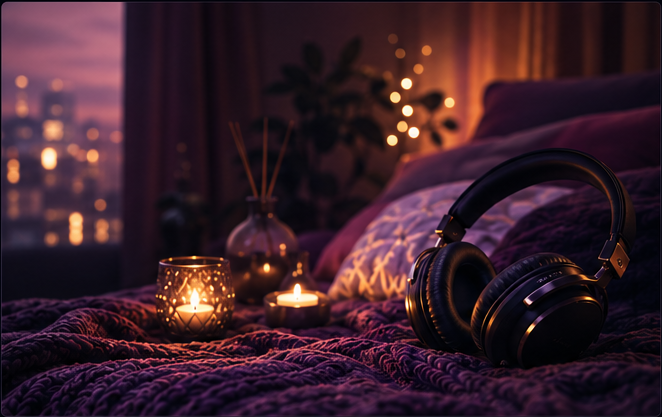 Cosy ASMR setup with headphones, candlelight and soft purple ambience.